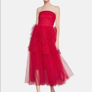 BCBG RED STRAPLESS DRESS RUFFLE TRIMMED